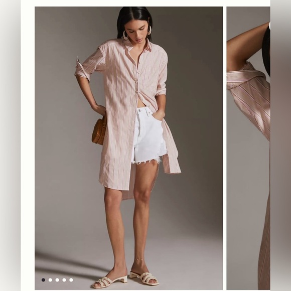 Anthropologie Long Buttondown Motif Striped Pink Embroidered Striped Shirt Dress - Picture 1 of 16